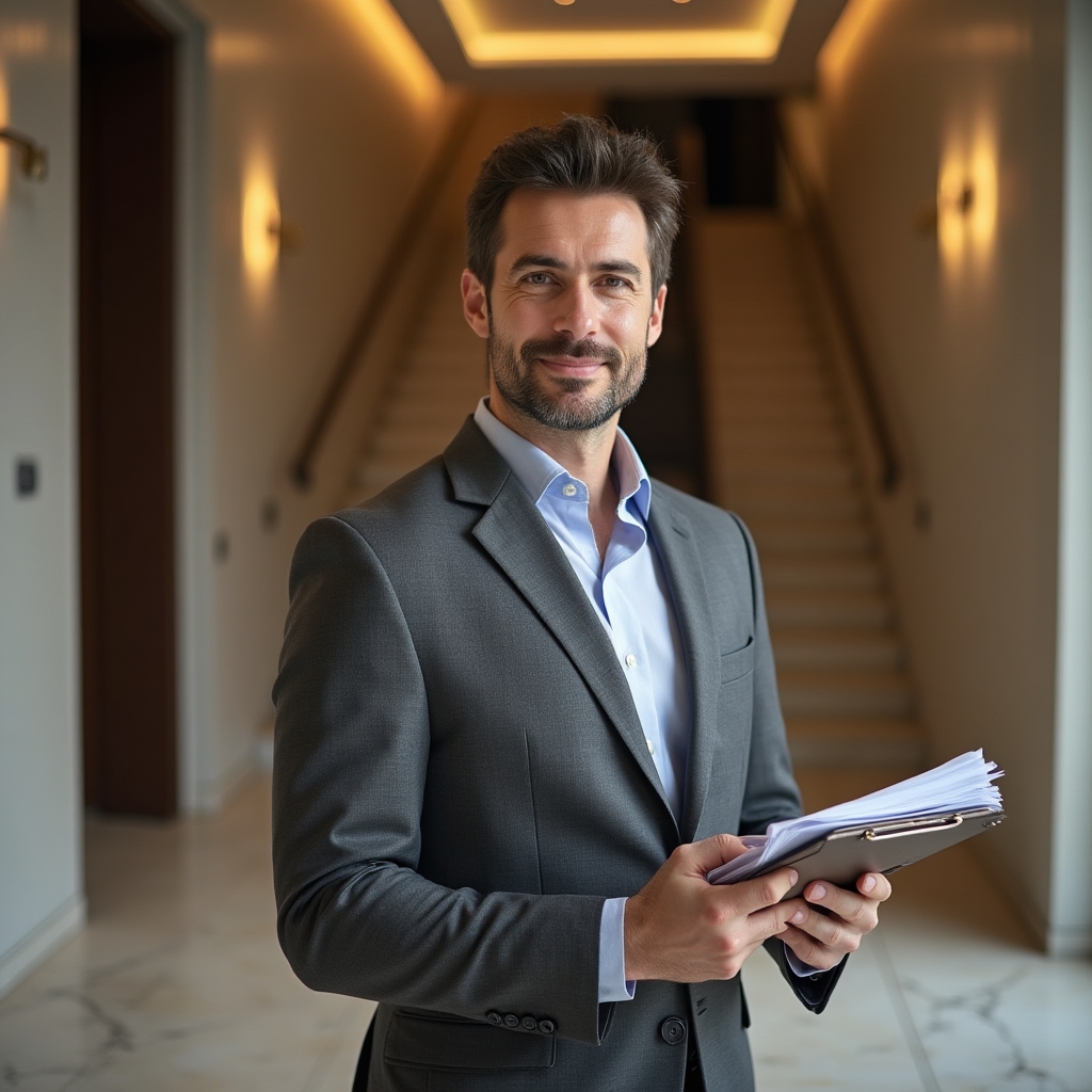 Amministratore condominiale che esamina documenti in un condominio