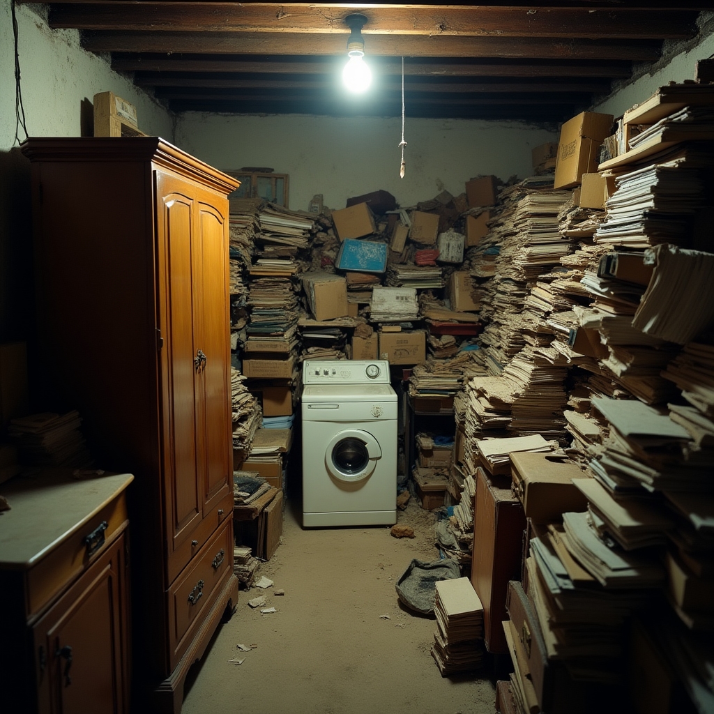 Cantina condominiale piena di oggetti prima dello sgombero