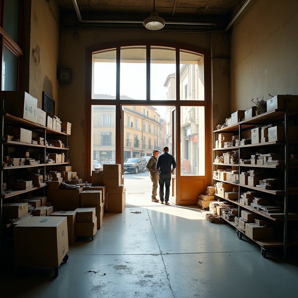 Locale commerciale pieno di arredi e scaffalature prima dello sgombero